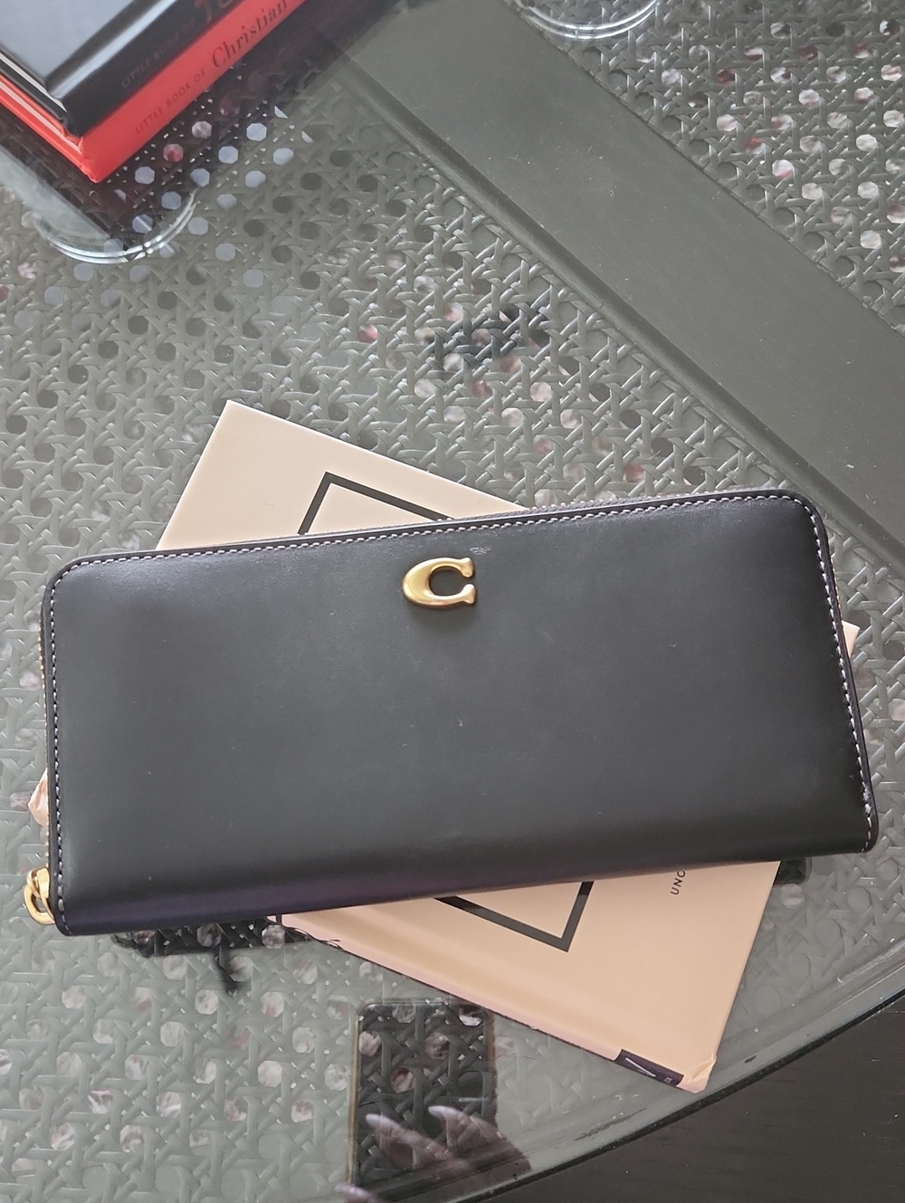 Coach Black Leather Zip Wallet with Gold C Emblem